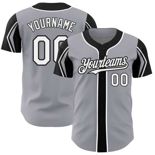 Custom Gray White-Black 3 Colors Arm Shapes Authentic Baseball Jersey - Sky-Custom
