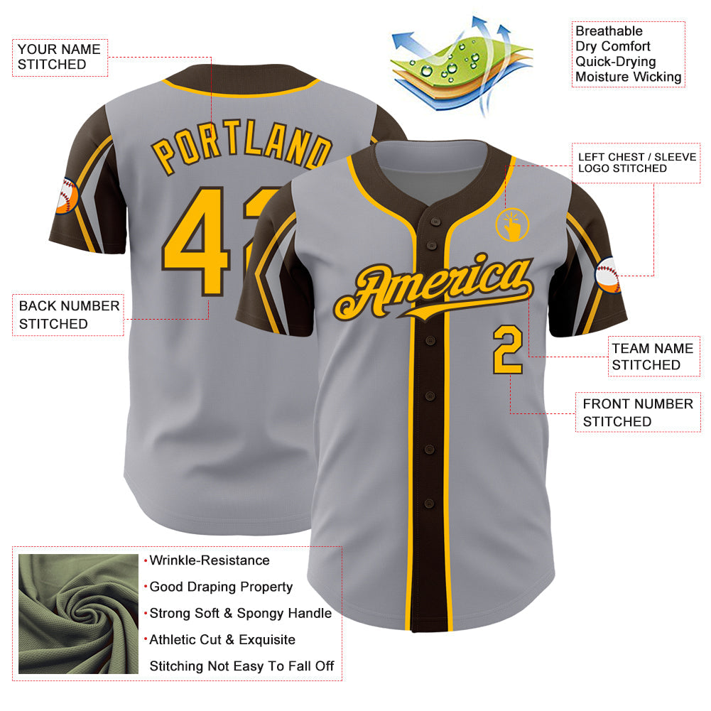Custom Gray Gold-Brown 3 Colors Arm Shapes Authentic Baseball Jersey - Sky-Custom