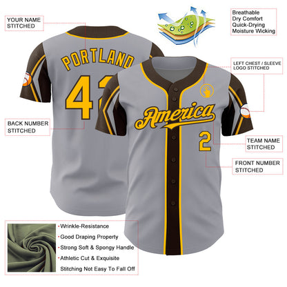 Custom Gray Gold-Brown 3 Colors Arm Shapes Authentic Baseball Jersey - Sky-Custom