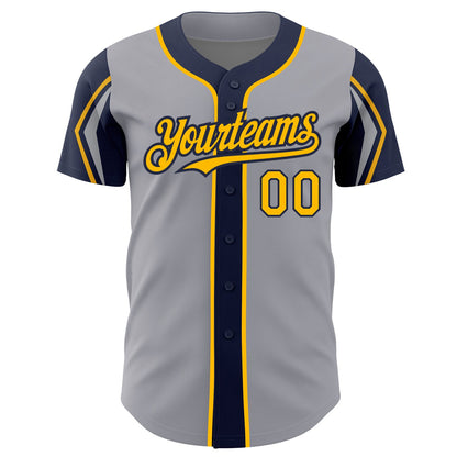 Custom Gray Gold-Navy 3 Colors Arm Shapes Authentic Baseball Jersey - Sky-Custom