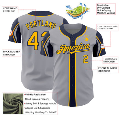 Custom Gray Gold-Navy 3 Colors Arm Shapes Authentic Baseball Jersey - Sky-Custom