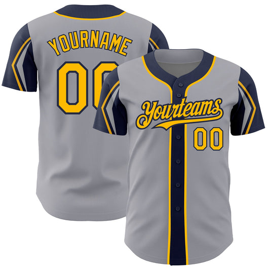 Custom Gray Gold-Navy 3 Colors Arm Shapes Authentic Baseball Jersey - Sky-Custom