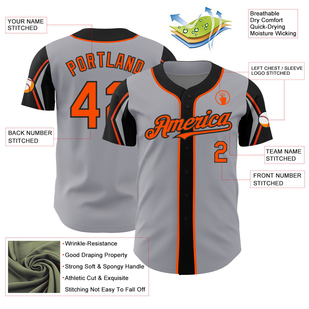 Custom Gray Orange-Black 3 Colors Arm Shapes Authentic Baseball Jersey - Sky-Custom