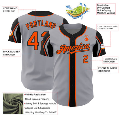 Custom Gray Orange-Black 3 Colors Arm Shapes Authentic Baseball Jersey - Sky-Custom