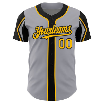 Custom Gray Gold-Black 3 Colors Arm Shapes Authentic Baseball Jersey - Sky-Custom