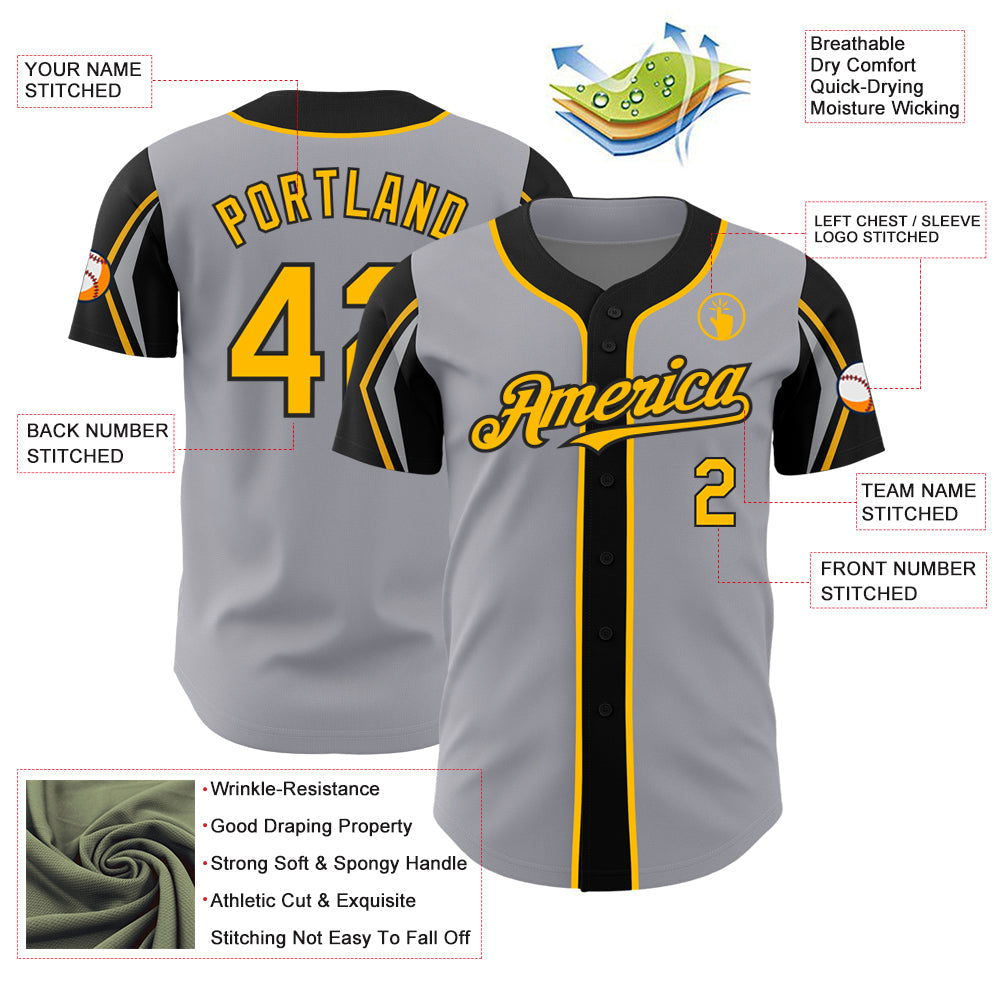 Custom Gray Gold-Black 3 Colors Arm Shapes Authentic Baseball Jersey - Sky-Custom