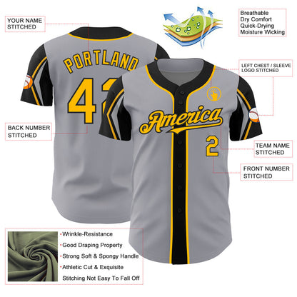 Custom Gray Gold-Black 3 Colors Arm Shapes Authentic Baseball Jersey - Sky-Custom