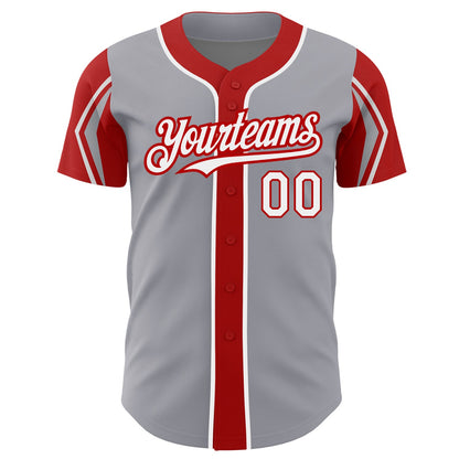 Custom Gray White-Red 3 Colors Arm Shapes Authentic Baseball Jersey - Sky-Custom