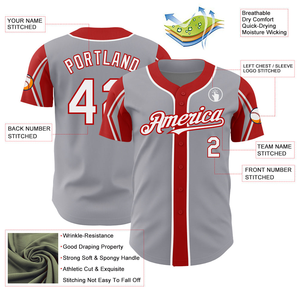Custom Gray White-Red 3 Colors Arm Shapes Authentic Baseball Jersey - Sky-Custom