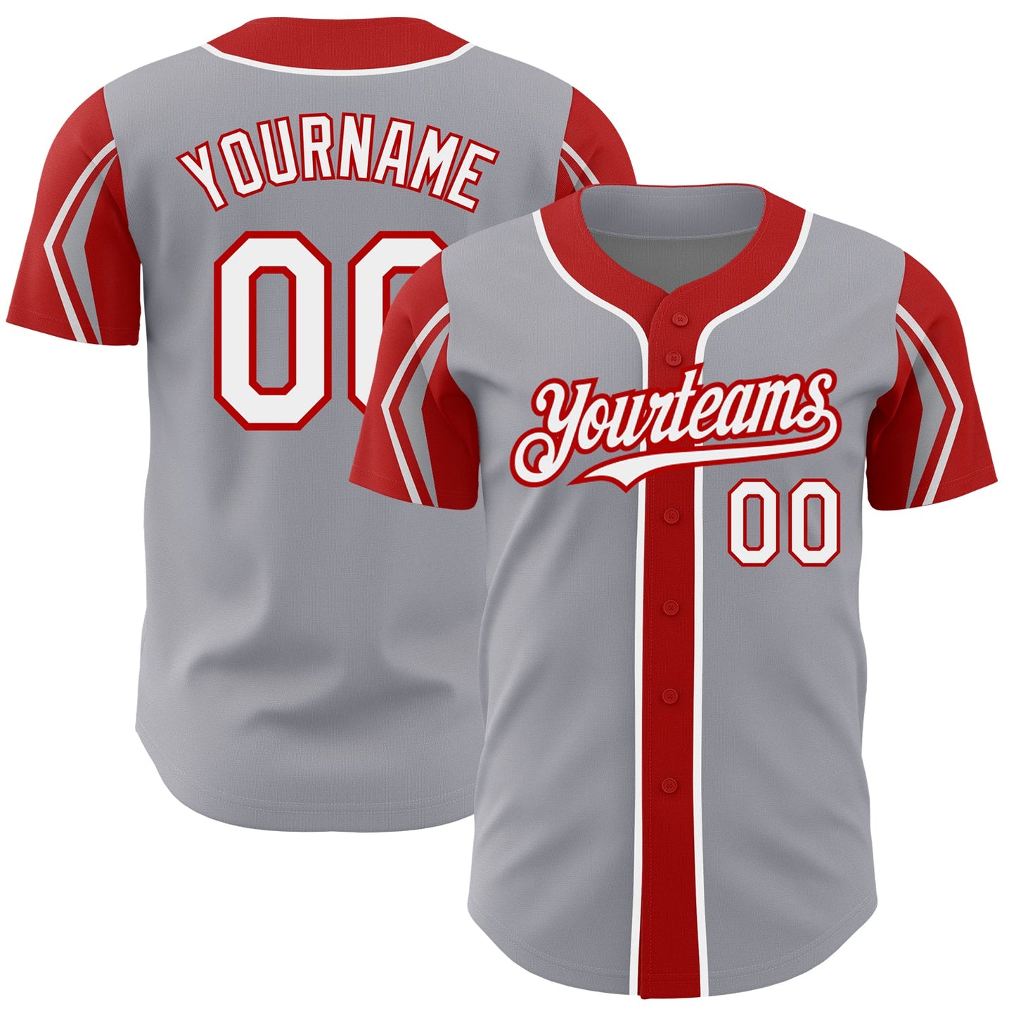Custom Gray White-Red 3 Colors Arm Shapes Authentic Baseball Jersey - Sky-Custom