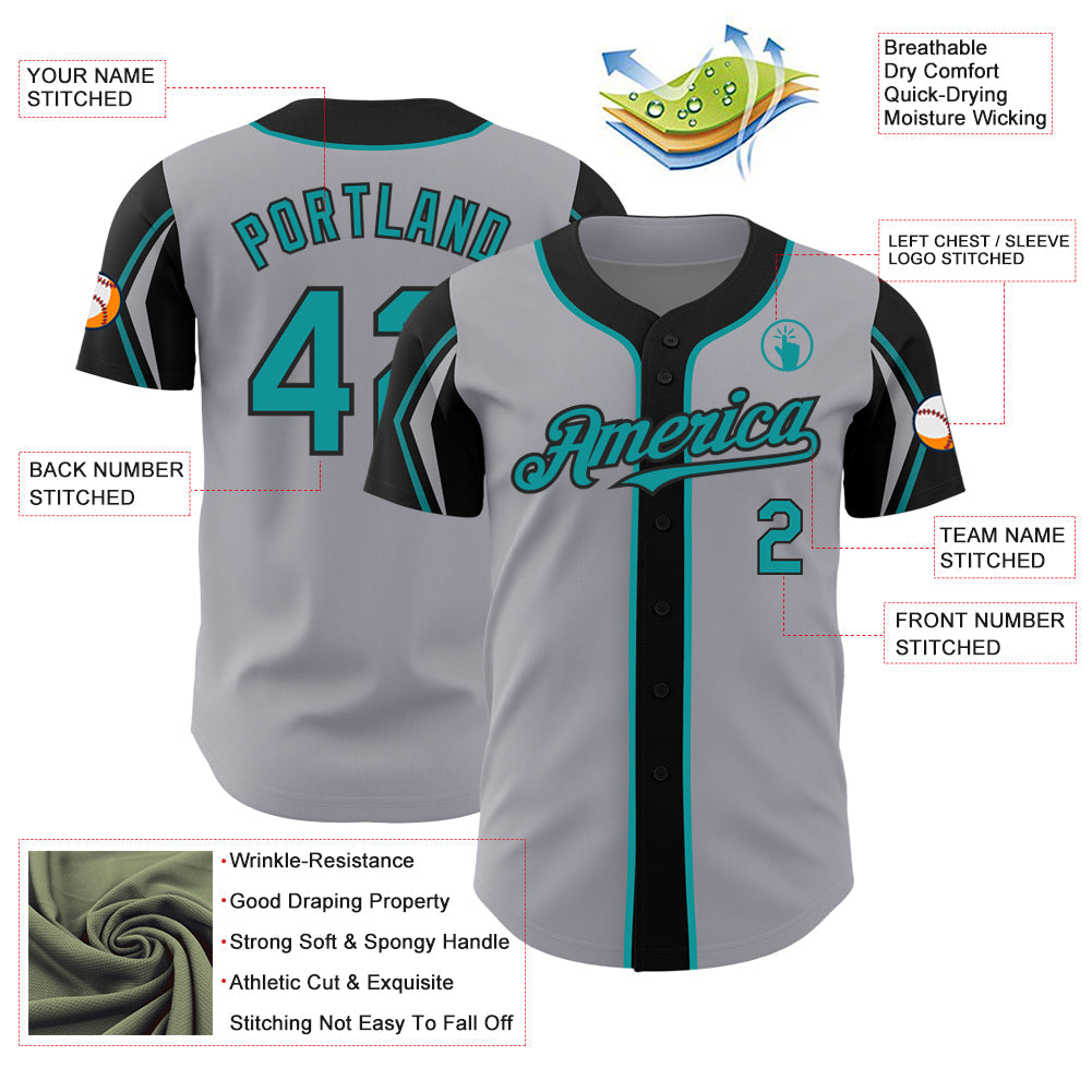 Custom Gray Teal-Black 3 Colors Arm Shapes Authentic Baseball Jersey - Sky-Custom