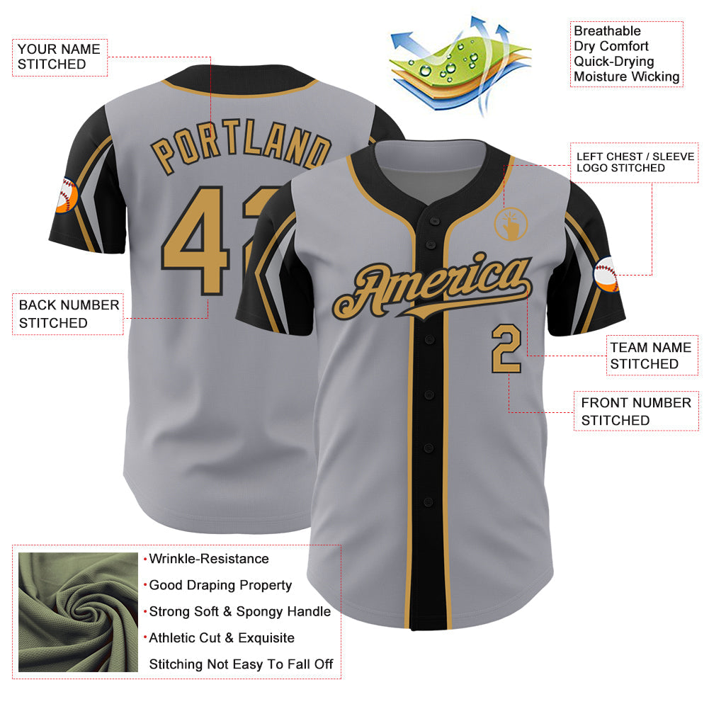 Custom Gray Old Gold-Black 3 Colors Arm Shapes Authentic Baseball Jersey - Sky-Custom