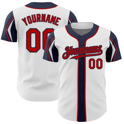 Custom White Red-Navy 3 Colors Arm Shapes Authentic Baseball Jersey - Sky-Custom