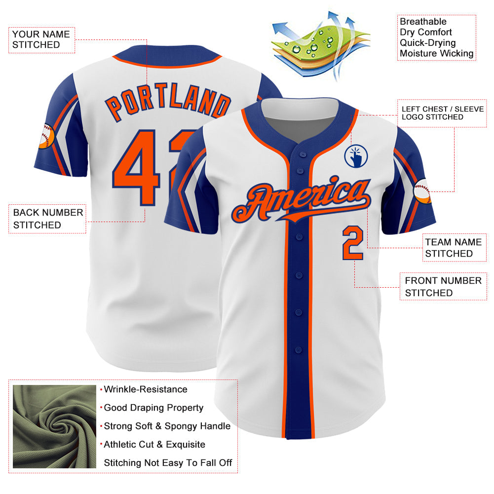Custom White Orange-Royal 3 Colors Arm Shapes Authentic Baseball Jersey - Sky-Custom