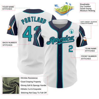 Custom White Teal-Navy 3 Colors Arm Shapes Authentic Baseball Jersey - Sky-Custom