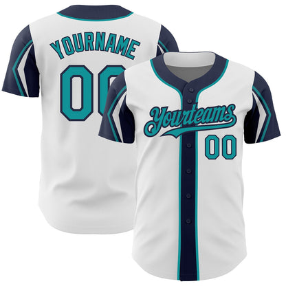 Custom White Teal-Navy 3 Colors Arm Shapes Authentic Baseball Jersey - Sky-Custom