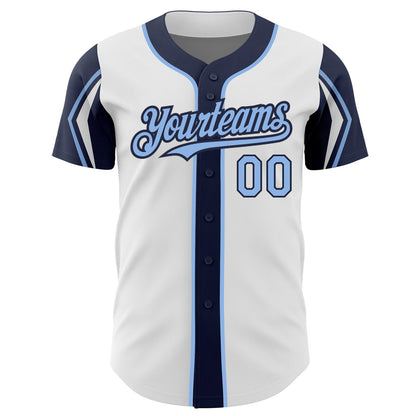 Custom White Light Blue-Navy 3 Colors Arm Shapes Authentic Baseball Jersey - Sky-Custom