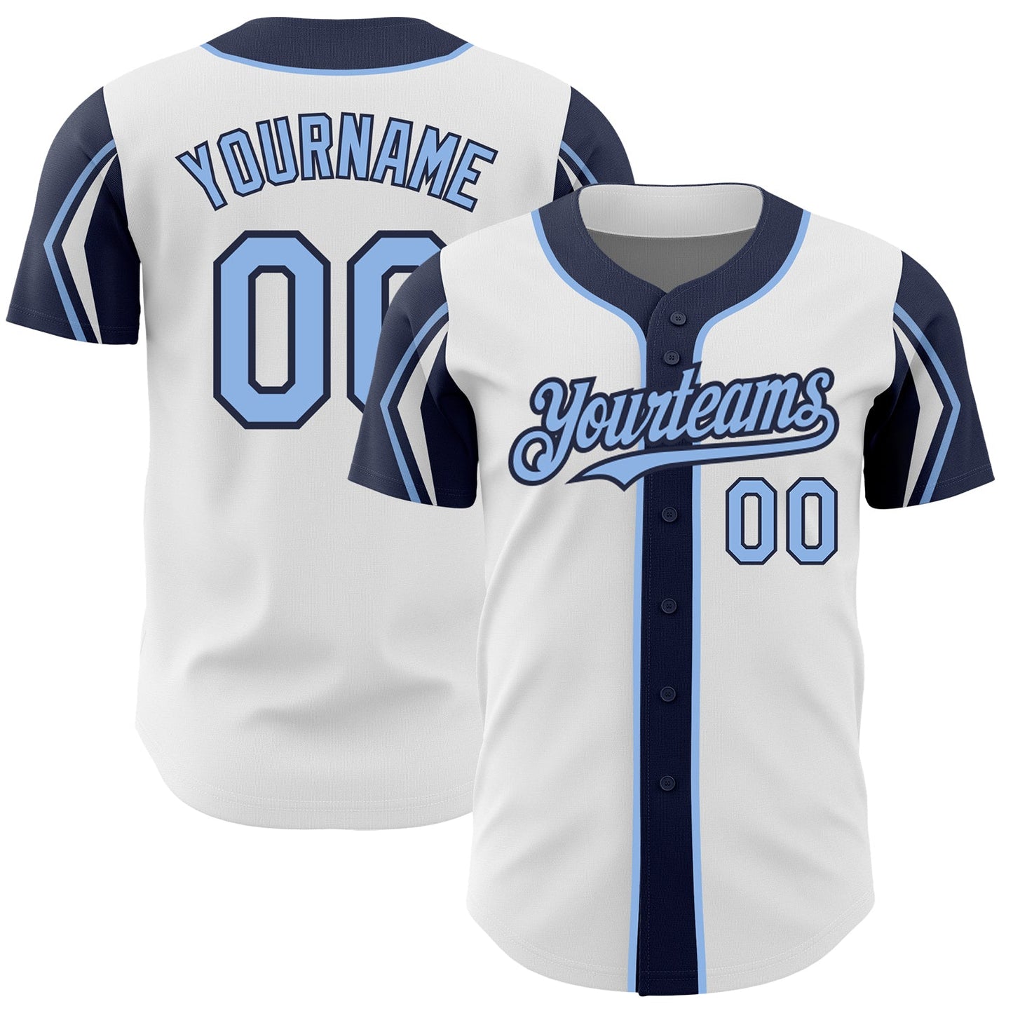 Custom White Light Blue-Navy 3 Colors Arm Shapes Authentic Baseball Jersey - Sky-Custom