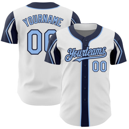 Custom White Light Blue-Navy 3 Colors Arm Shapes Authentic Baseball Jersey - Sky-Custom