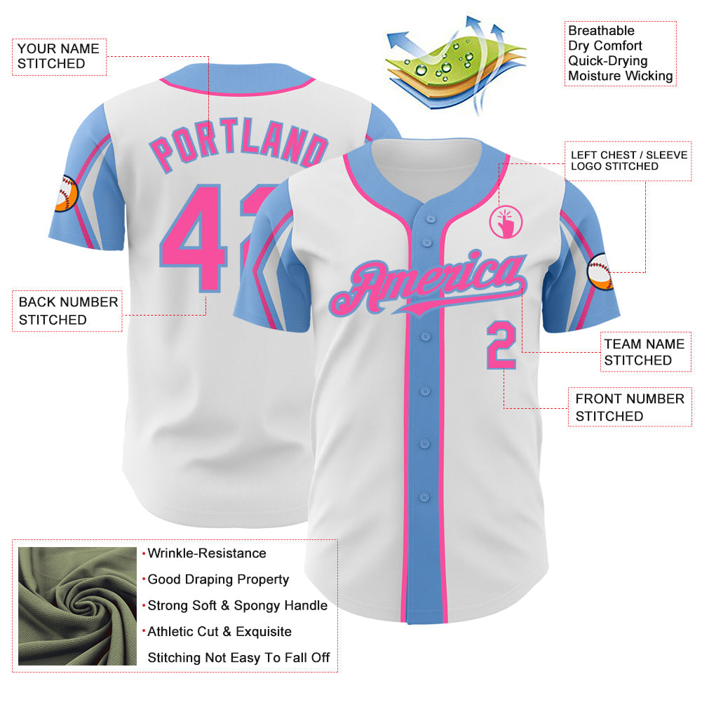 Custom White Pink-Light Blue 3 Colors Arm Shapes Authentic Baseball Jersey - Sky-Custom