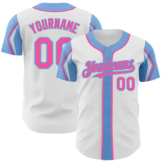 Custom White Pink-Light Blue 3 Colors Arm Shapes Authentic Baseball Jersey - Sky-Custom