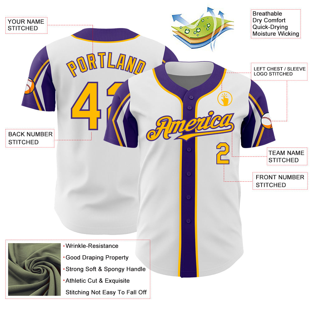 Custom White Gold-Purple 3 Colors Arm Shapes Authentic Baseball Jersey - Sky-Custom