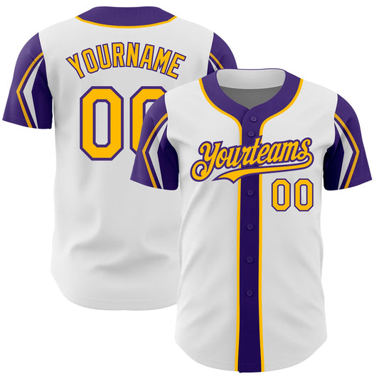 Custom White Gold-Purple 3 Colors Arm Shapes Authentic Baseball Jersey - Sky-Custom