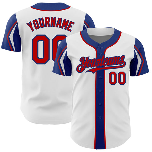 Custom White Red-Royal 3 Colors Arm Shapes Authentic Baseball Jersey - Sky-Custom