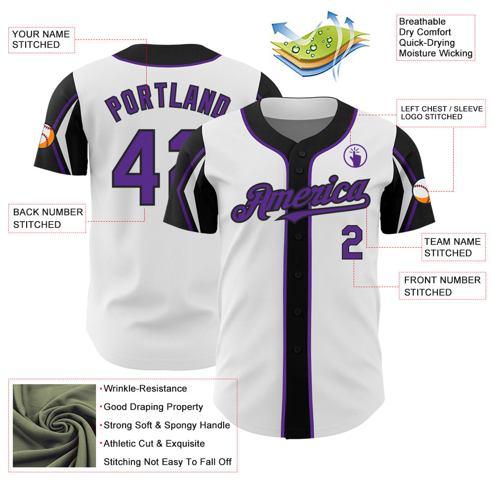 Custom White Purple-Black 3 Colors Arm Shapes Authentic Baseball Jersey - Sky-Custom