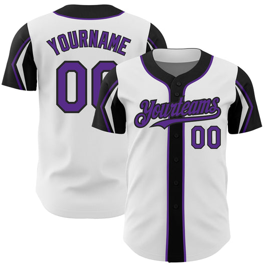 Custom White Purple-Black 3 Colors Arm Shapes Authentic Baseball Jersey - Sky-Custom