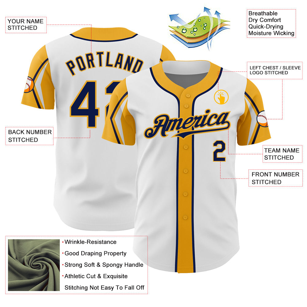 Custom White Navy-Gold 3 Colors Arm Shapes Authentic Baseball Jersey - Sky-Custom