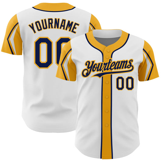 Custom White Navy-Gold 3 Colors Arm Shapes Authentic Baseball Jersey - Sky-Custom
