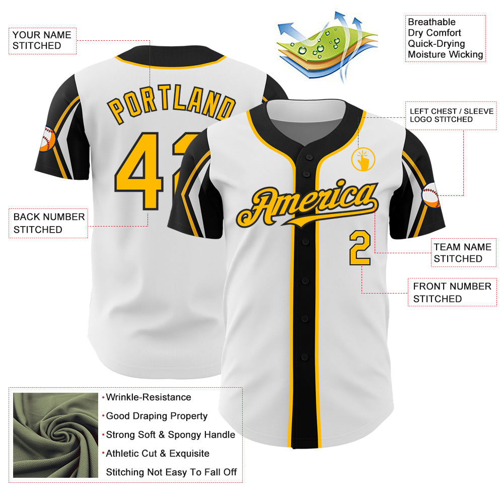 Custom White Gold-Black 3 Colors Arm Shapes Authentic Baseball Jersey - Sky-Custom