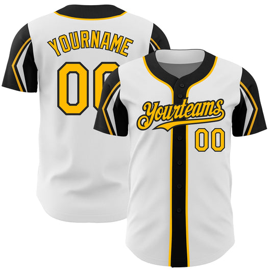 Custom White Gold-Black 3 Colors Arm Shapes Authentic Baseball Jersey - Sky-Custom