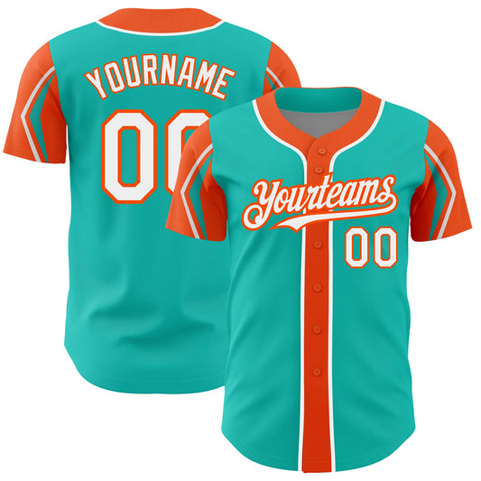 Custom Aqua White-Orange 3 Colors Arm Shapes Authentic Baseball Jersey - Sky-Custom