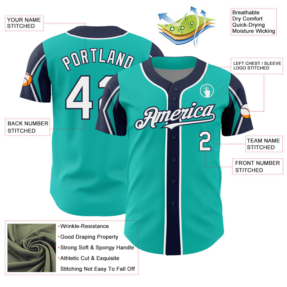 Custom Aqua White-Navy 3 Colors Arm Shapes Authentic Baseball Jersey - Sky-Custom