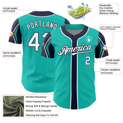 Custom Aqua White-Navy 3 Colors Arm Shapes Authentic Baseball Jersey - Sky-Custom