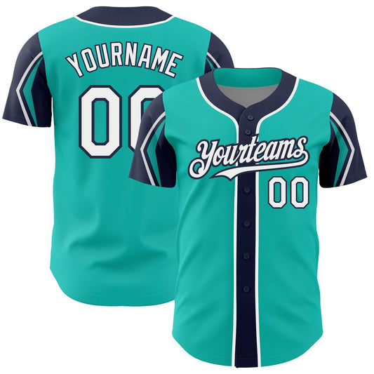 Custom Aqua White-Navy 3 Colors Arm Shapes Authentic Baseball Jersey - Sky-Custom