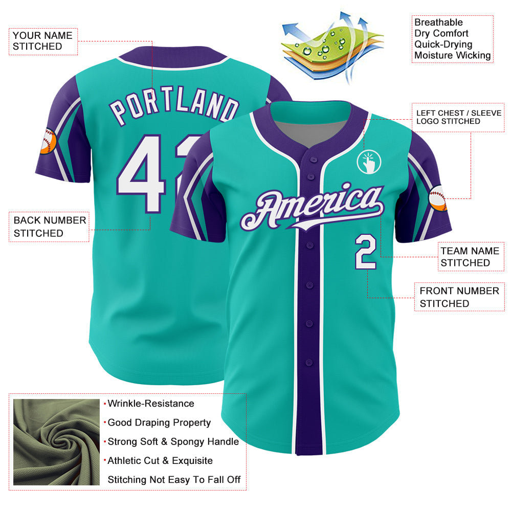 Custom Aqua White-Purple 3 Colors Arm Shapes Authentic Baseball Jersey - Sky-Custom