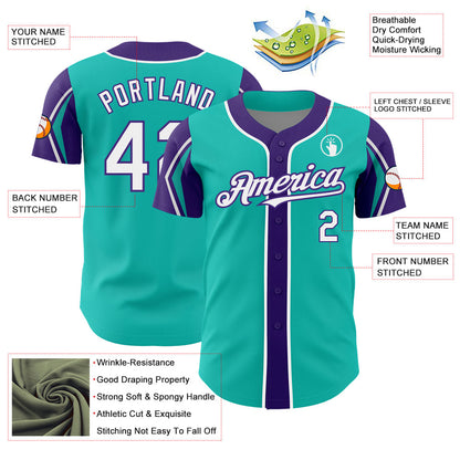 Custom Aqua White-Purple 3 Colors Arm Shapes Authentic Baseball Jersey - Sky-Custom