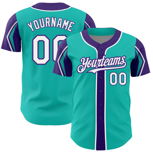 Custom Aqua White-Purple 3 Colors Arm Shapes Authentic Baseball Jersey - Sky-Custom