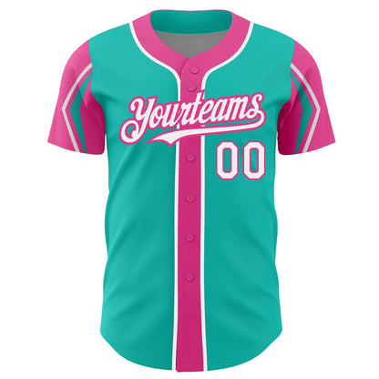 Custom Aqua White-Pink 3 Colors Arm Shapes Authentic Baseball Jersey - Sky-Custom