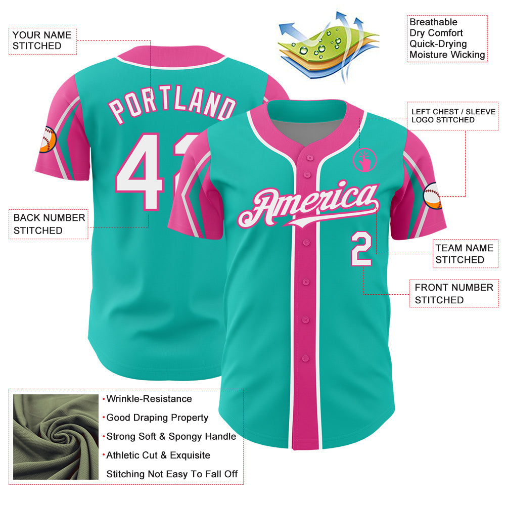 Custom Aqua White-Pink 3 Colors Arm Shapes Authentic Baseball Jersey - Sky-Custom