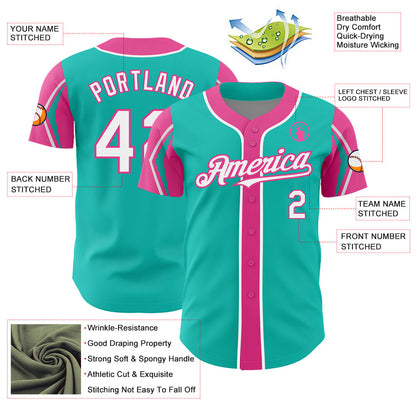 Custom Aqua White-Pink 3 Colors Arm Shapes Authentic Baseball Jersey - Sky-Custom