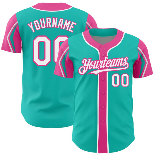 Custom Aqua White-Pink 3 Colors Arm Shapes Authentic Baseball Jersey - Sky-Custom
