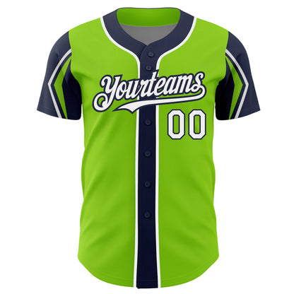 Custom Neon Green White-Navy 3 Colors Arm Shapes Authentic Baseball Jersey - Sky-Custom