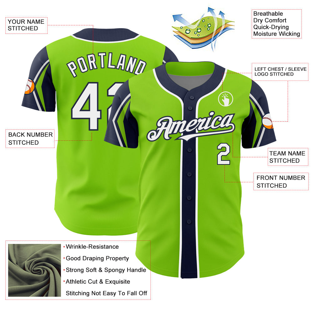 Custom Neon Green White-Navy 3 Colors Arm Shapes Authentic Baseball Jersey - Sky-Custom