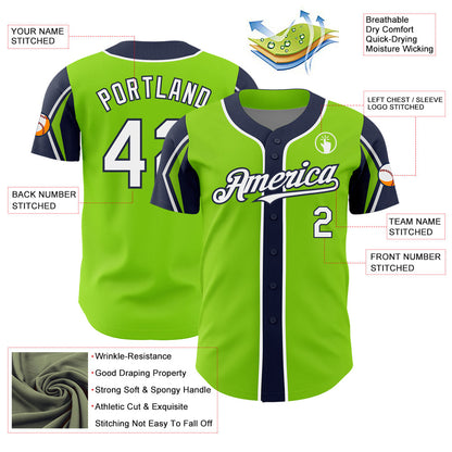 Custom Neon Green White-Navy 3 Colors Arm Shapes Authentic Baseball Jersey - Sky-Custom