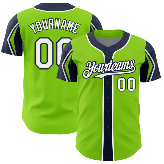 Custom Neon Green White-Navy 3 Colors Arm Shapes Authentic Baseball Jersey - Sky-Custom