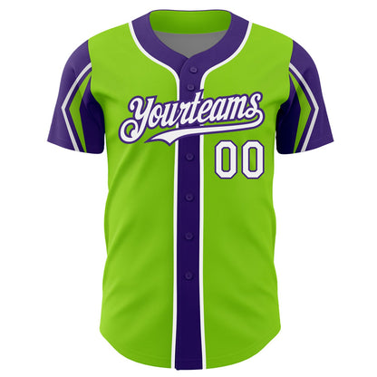 Custom Neon Green White-Purple 3 Colors Arm Shapes Authentic Baseball Jersey - Sky-Custom